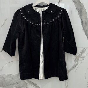 Vintage Blck Velve Pearl Flower Embroidered Vintage Coat Silk Lining Girls 2/3